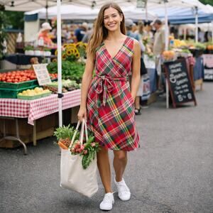 Lauren Ralph Lauren Plaid Crinkle Cotton Sleeveless Dress Sz 6